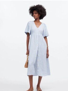Madewell Cassie Button Front Linen Midi Dress XXL Blue Stripes Short Sleeve